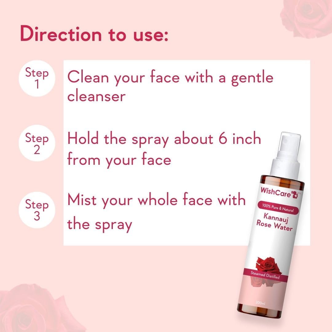 WishCare 100% Pure & Natural Rose Water Liquid - for Skin, Face & Hair - Steam Distilled - Kannauj Gulab Jal - Spray Skin Toner - Free from Paraben, Alcohol & Chemicals - 200 ml