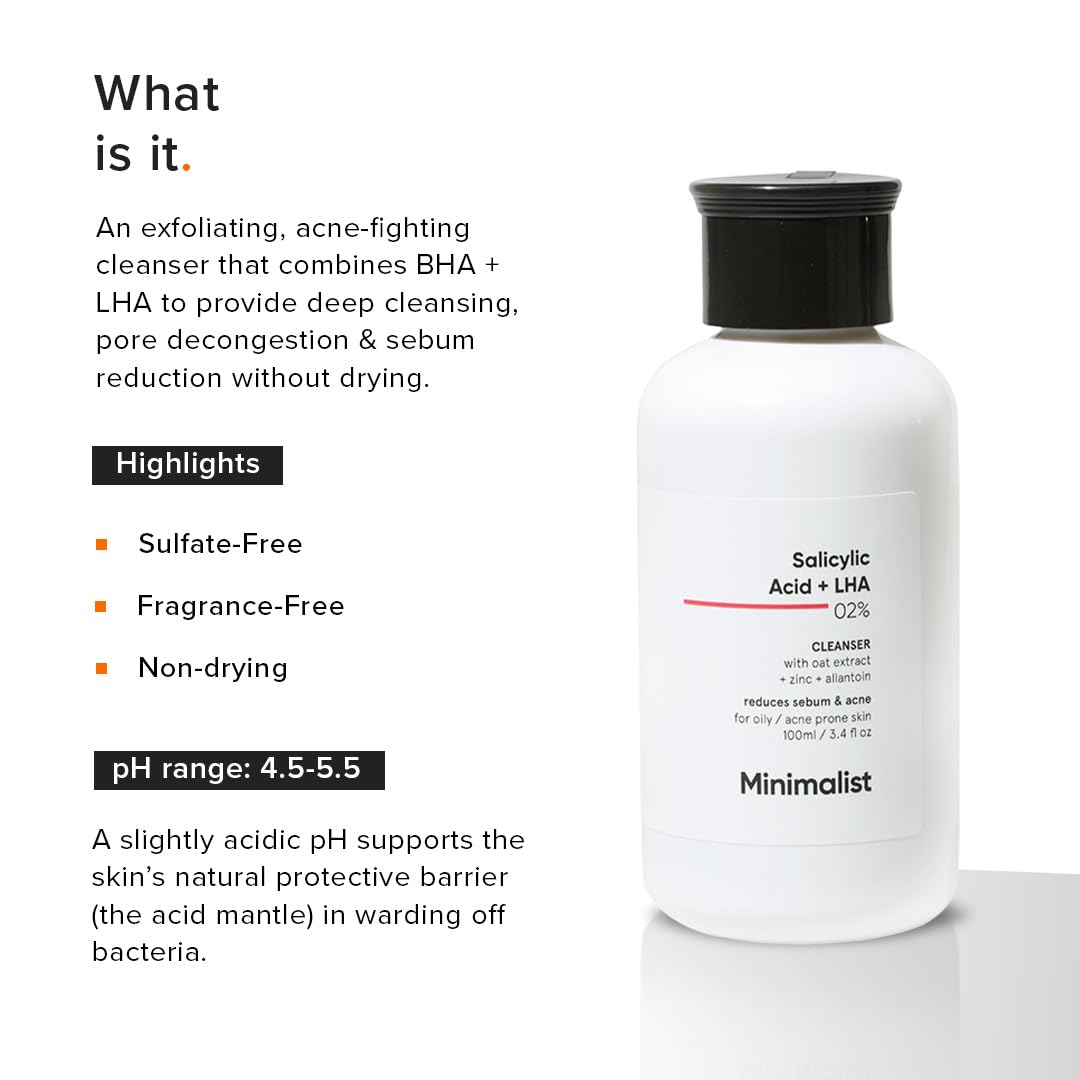 Minimalist Salicylic Acid 2% Face Wash for Oily, Acne Prone Skin | Face Cleanser With LHA & Zinc | Sulphate free Gentle BHA Liquid Exfoliant | For Women & Men |