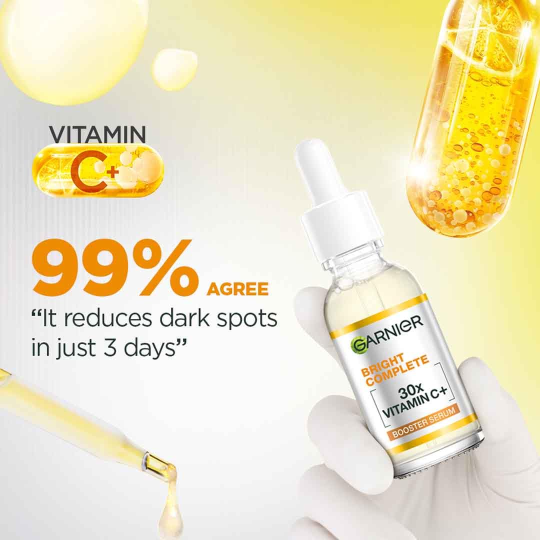 Garnier Skin Naturals, Bright Complete 30X Vitamin C Booster Face Serum, Increases Skin's Glow Instantly and Reduces Spots Overtime, with 2% Niacinamide + 0.5% Salicylic Acid, for Men & Women, 50 ml