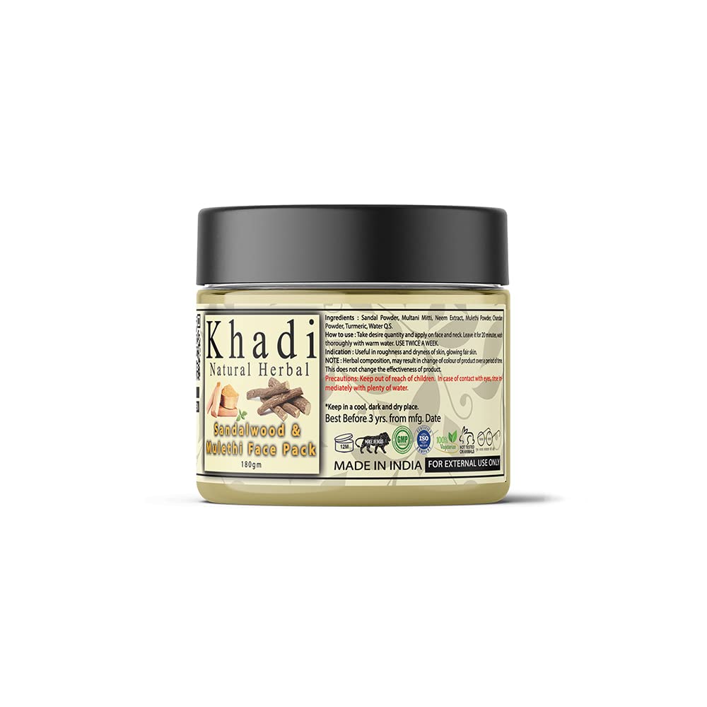Khadi Natural Herbal Sandalwood Face Pack For Skin Brightening 180gm Pack | Enriched With 100% Natural Pure Sandalwood Powder & Mulethi For Skin Glowing | Reduc