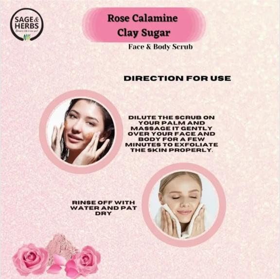 Sage & Herbs 100% Natural Exfoliating Rose Calamine Clay Sugar Face & Body Scrub | Rich in Vitamin C | Moisturizes for Instant Soft & Smooth Skin | Removes Dead