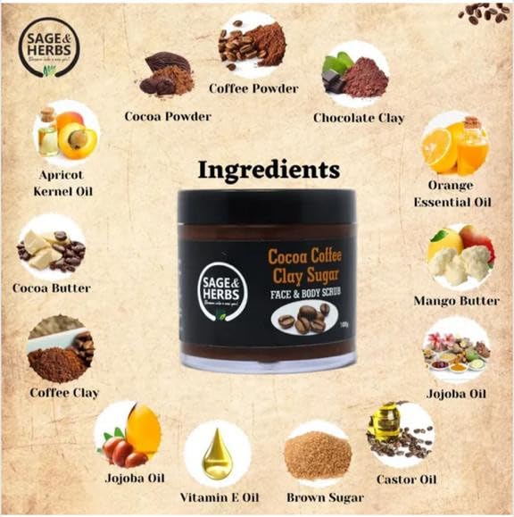 Sage & Herbs Exfoliating Cocoa Coffee Clay Sugar Face & Body Scrub | Moisturizes for Instant Soft & Smooth Skin | Remove Dead Skin Cells, Blackheads,Tan| Sulfat