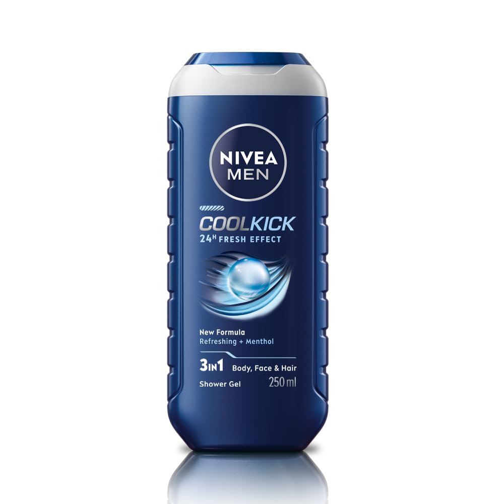 NIVEA MEN Cool Kick 250ml Body Wash| Shower Gel for Face, Body & Hair| Refreshing Icy MENthol|24 H Freshness |For All Skin & Hair Types Menthol 1 count (Pack of