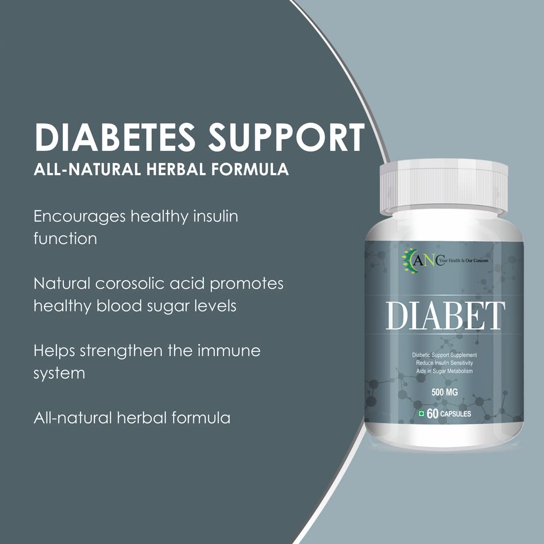 ANC Diabet Diabetic Support Supplements to Manage Diabetes and Blood Sugar Levels Premium Herbal Diabetes Care 60 Capsules (Pack of 1)