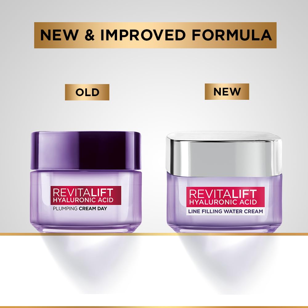 L'Oréal Paris Hyaluronic Acid Line Filling Water Cream, Moisturiser, Hyaluronic Acid for Hydration, Replumps Skin, Ceramides for Skin Barrier Repair, Reduces Fine Lines, 50ml