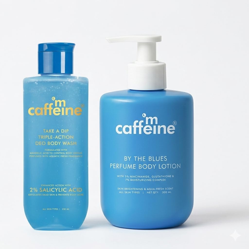 mCaffeine 2% Salicylic Acid Perfume Body Wash (250ml) + 5% Niacinamide & Glutathione Body Lotion (300ml) | Detan, Brightening & 72H Moisturization | Aqua Fresh