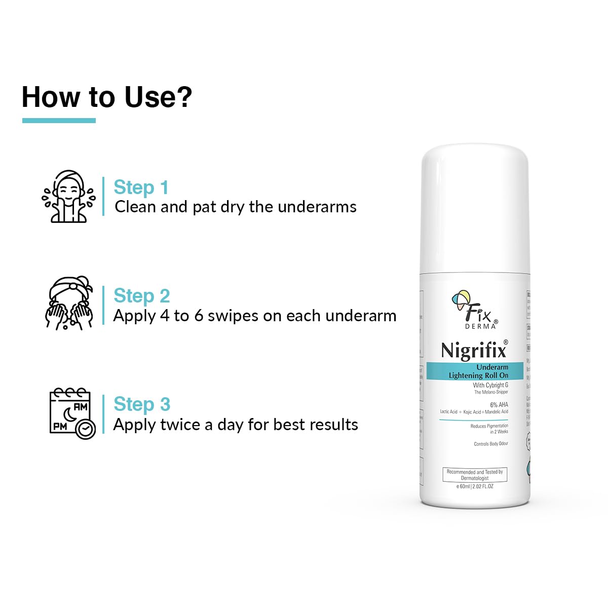 Fixderma Nigrifix Underarm Roll on with 6% AHA, Lactic Acid & 1% Mandelic Acid & Kojic Acid | Brightens Skin & Exfoliates Underarm | For All Skin Type, Men & Wo