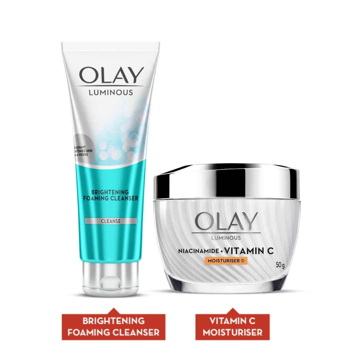 Olay Vitamin C Kit for 2X Glow | Vitamin C Cream with Free Cleanser l Even Glow and Smooth Texturee | With Niacinamide l Normal, Oily, Dry & Combination Skin l
