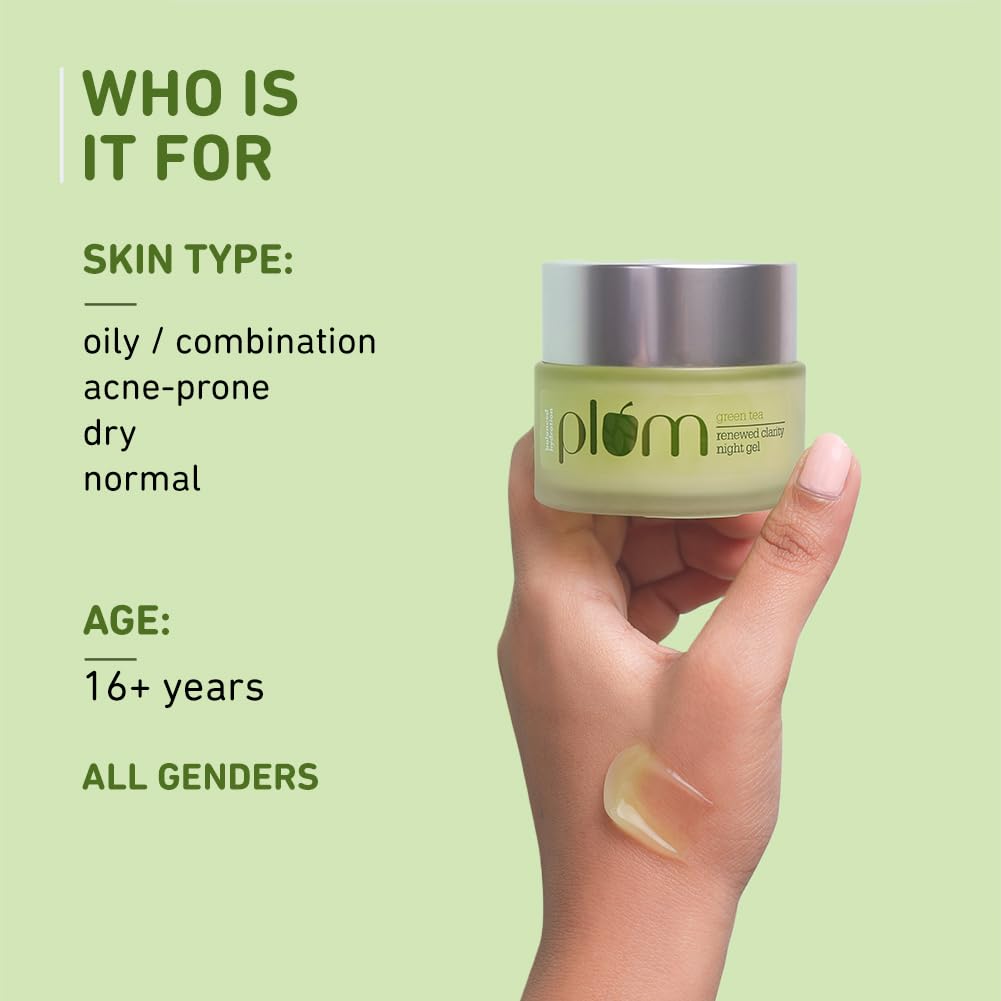 Plum Green Tea Renewed Clarity Night Gel with Glycolic acid |Hydrates Skin & Fights Acne | Night Cream For Women | Lightweight & Quick absorbing Overnight Repai
