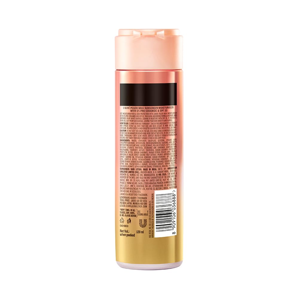 Lakmé Peach Milk Moisturiser SPF 30 with 2% Pro-Ceramide | Daily UV Defense, Hydrating & Skin Barrier Repair Face Cream | Lightweight, For Dry, Normal, Oily & S