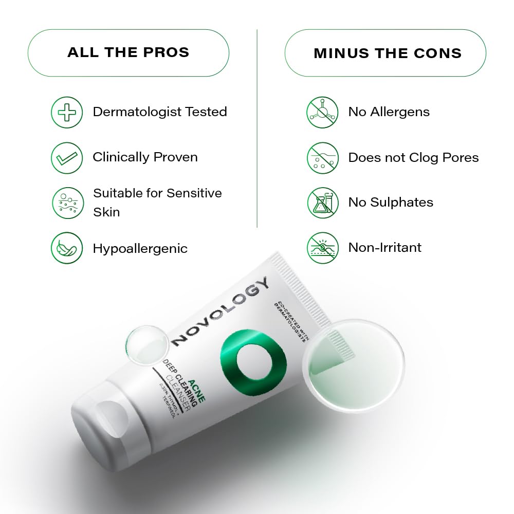 Novology Acne Clearing Foaming Cleanser, 0.35% Thymol & Terpineol, Facewash for Pimples,Whiteheads, Blackheads, Sensitive Skin, Fragrance Free, Non Irritating,