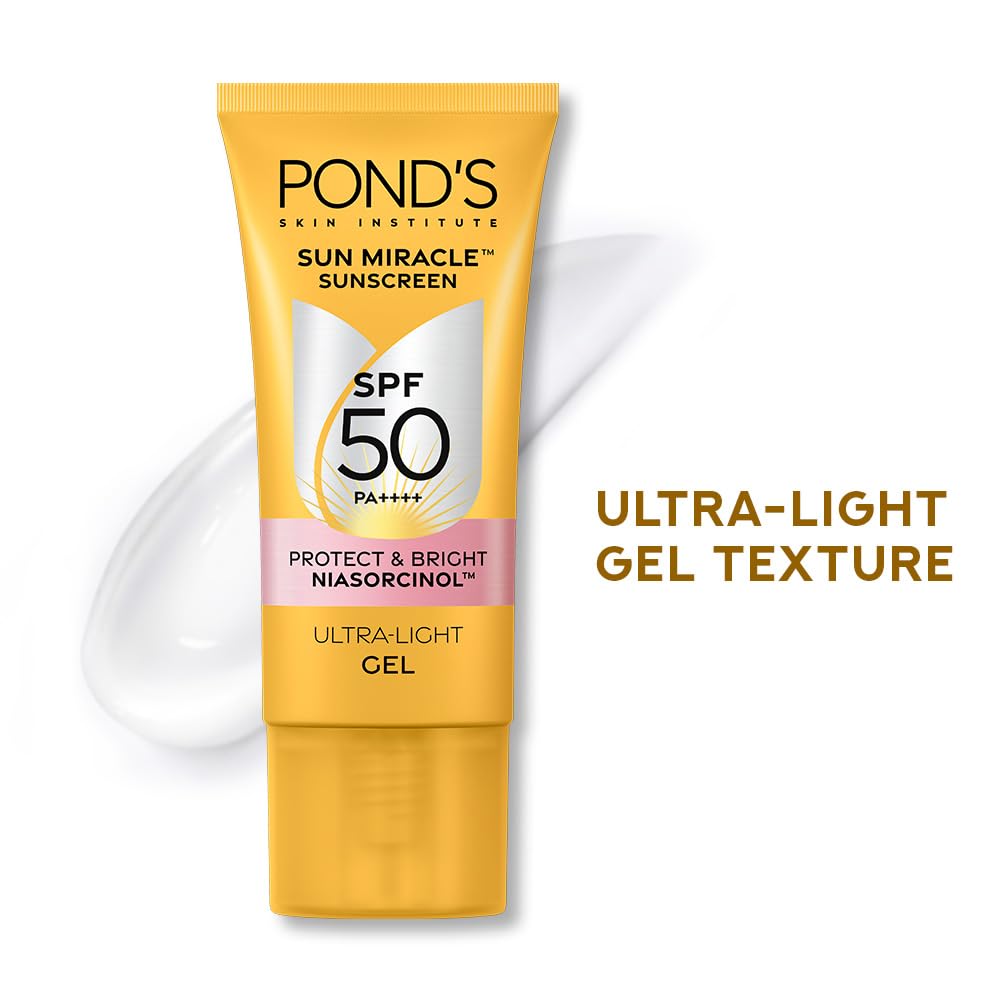 POND’S Sun Miracle SPF 50 PA+++ Crème Gel Sunscreen -Protect & Bright, With 3% Niacinamide, Fade Dark Spots in 4 Weeks, Lightweight, No White Cast 100g 100 g (P