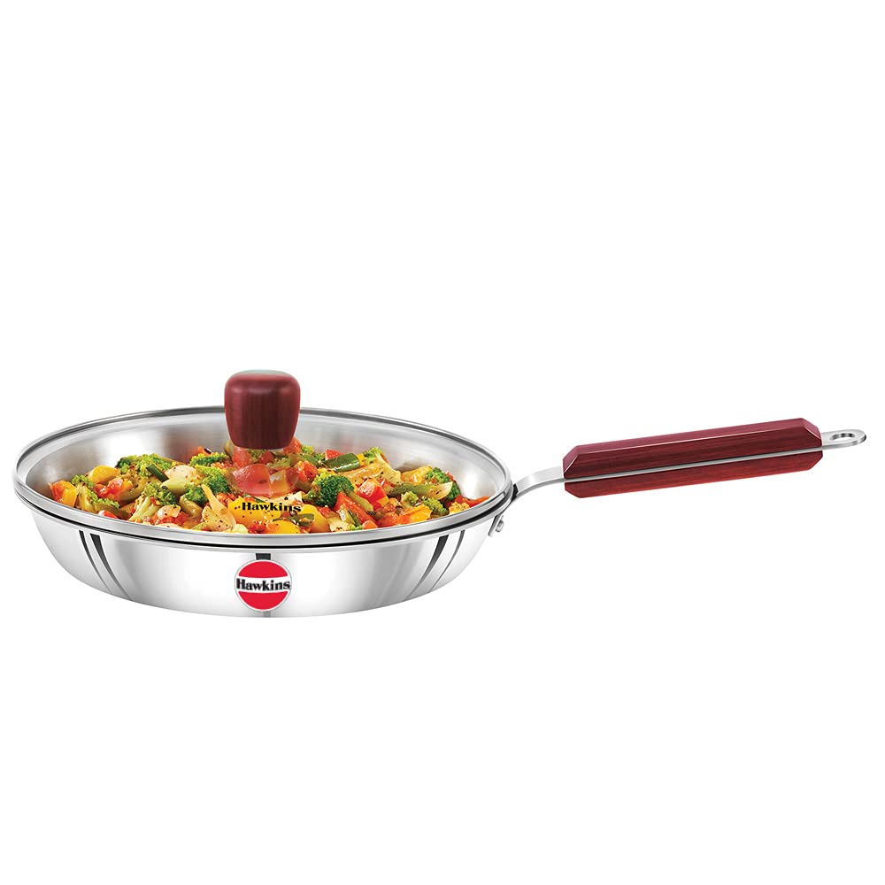 Hawkins 20 cm Frying Pan, Triply Stainless Steel Fry Pan with Glass Lid, Induction Frying Pan, Silver (SSF20G)