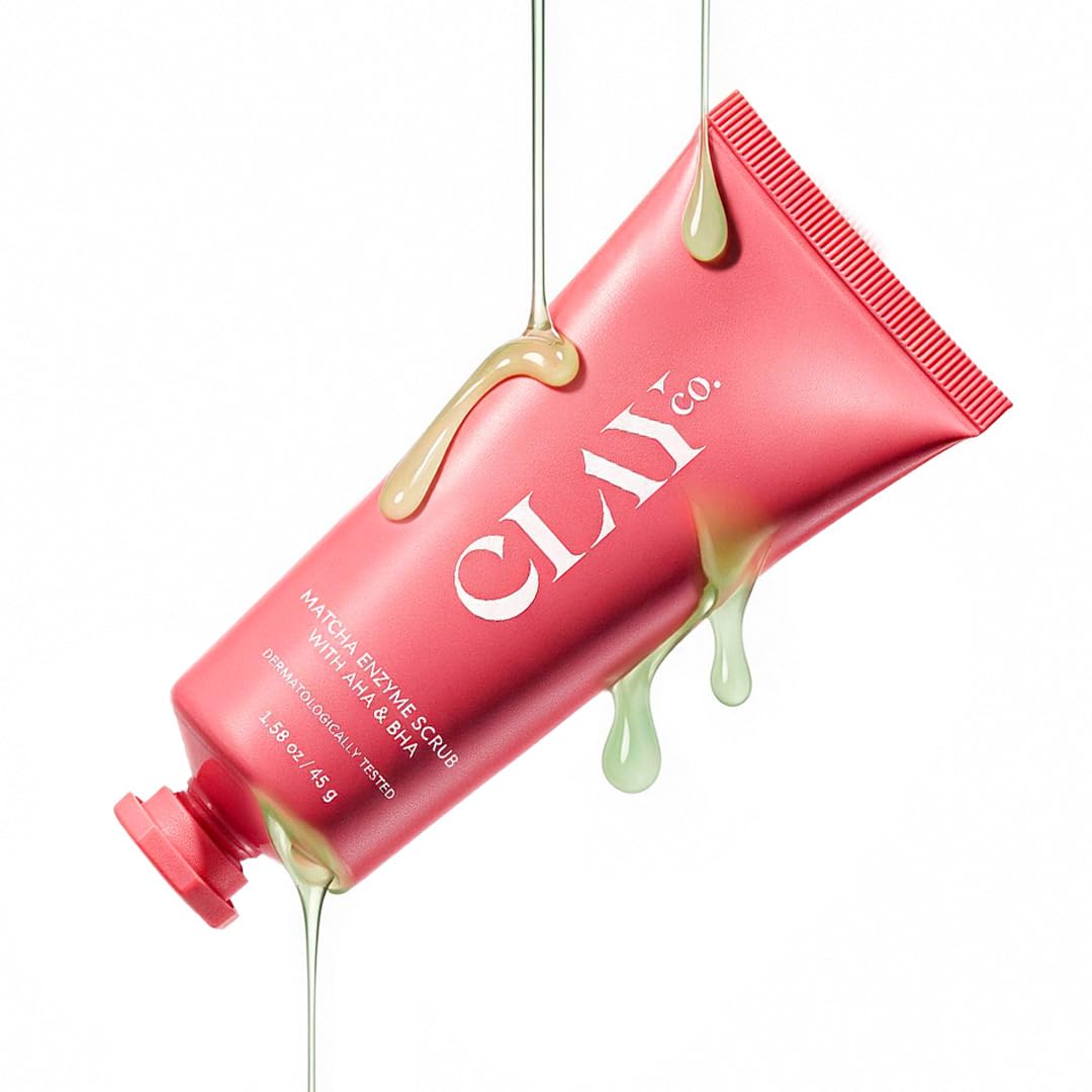 ClayCo Matcha Enzyme Face Scrub with AHA + BHA for Gentle Exfoliation, Deep Pore Cleansing, Blackhead Removal, Skin Brightening & Texture Refining for Oily, Acn