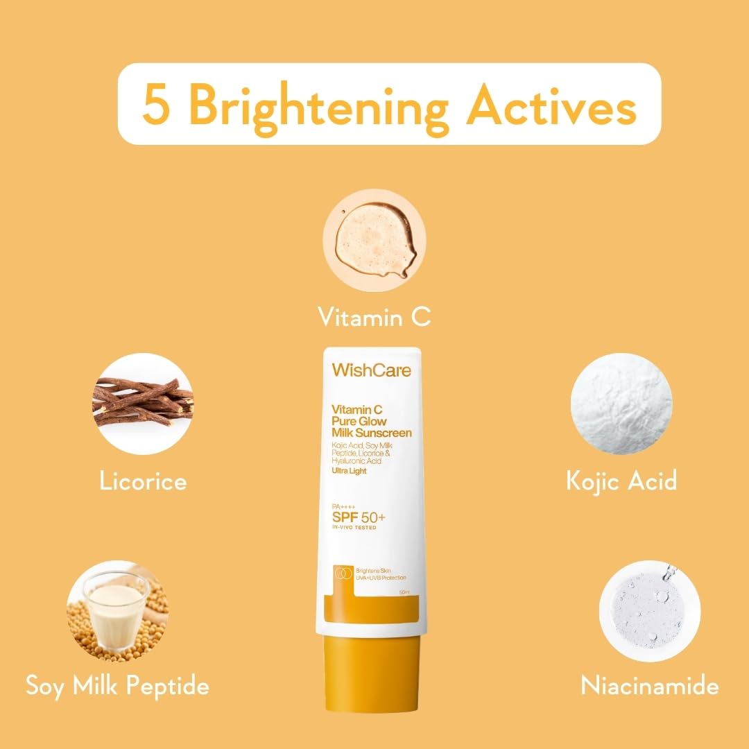 WishCare Vitamin C Sunscreen SPF 50 PA++++ | Pure Glow Milk | Oil Free | No White Cast | 50g
