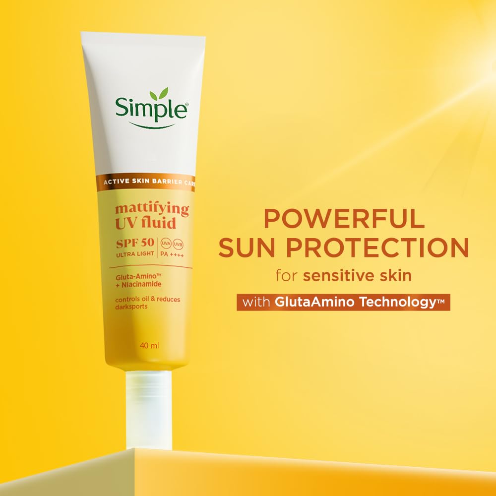 Simple Mattifying UV Fluid |SPF 50 PA++++ | With Niacinamide & GlutaAmino Technology| Sunscreen for Oily Skin & Dark Spots |Ultra Lightweight & Non-Sticky | UVA