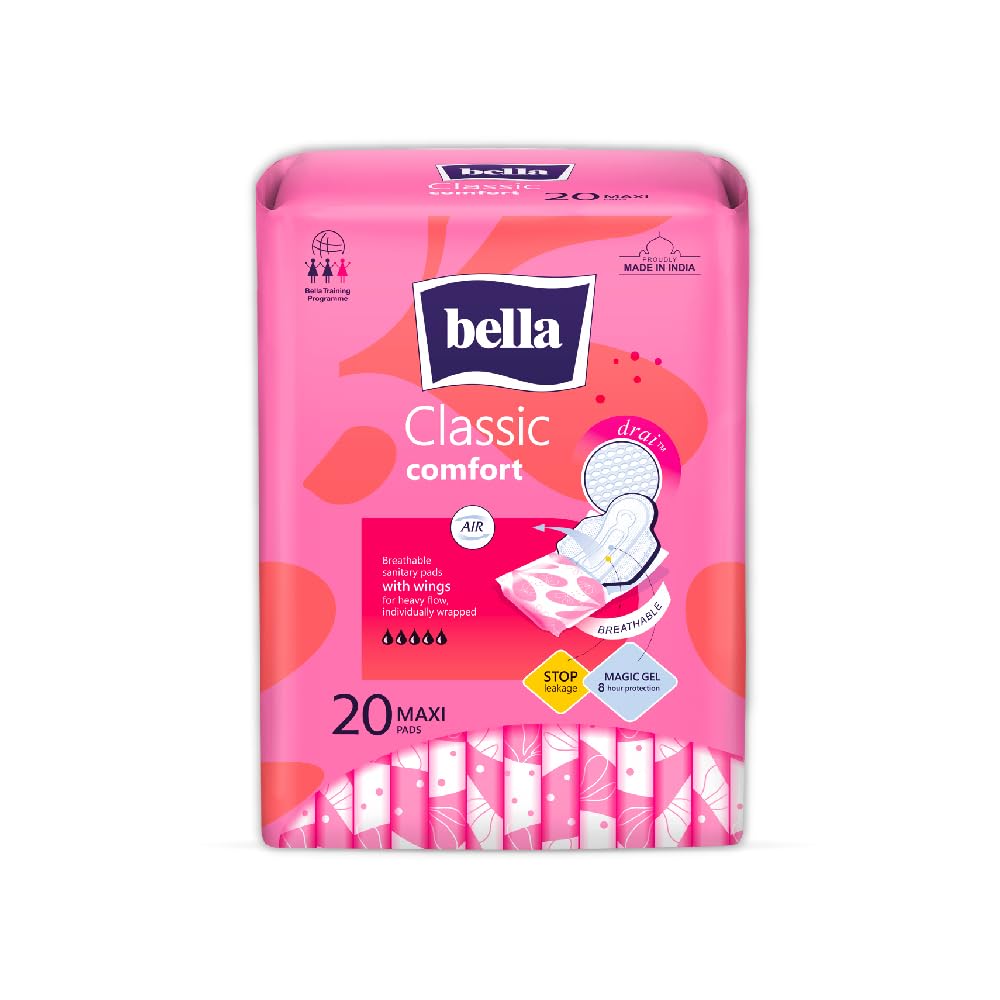 Bella Classic Comfort Maxi Drai Sanitary Pads XL - 20pcs | Maximum Dryness | 28 Cm Long With Wings | Rash Free Period | Suitable For Heavy Flow | Disposable Wra