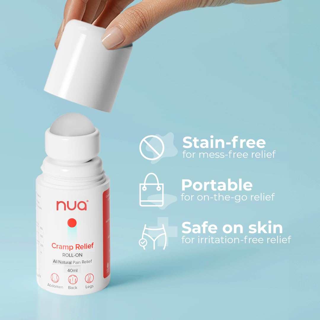 Cramp Relief Roll-On by Nua | Quick Relief | All Natural | For Abdomen, Back and Leg Pain | Absorbs Easily | Stain-free | Safe on Skin Pack of 1