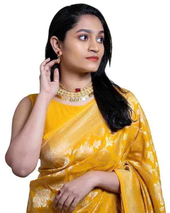 Women's Present Banarasi Soft Lichi Silk Saree Beautiful Yellow Gold Jacquard Rich Pallu Design Work Zari Woven Kanjivaram Silk Style Saree With Soft Lichi Silk