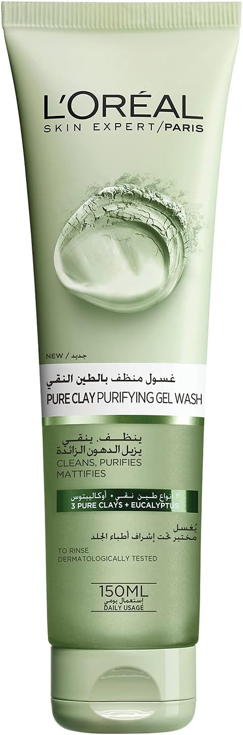 L’Oreal Paris Pure Clay Green Face Cleanser with Eucalyptus Extract 150ml Purifying Mattifying Gel Wash for Oily Skin Removes Impurities Excess Oil and Shine De