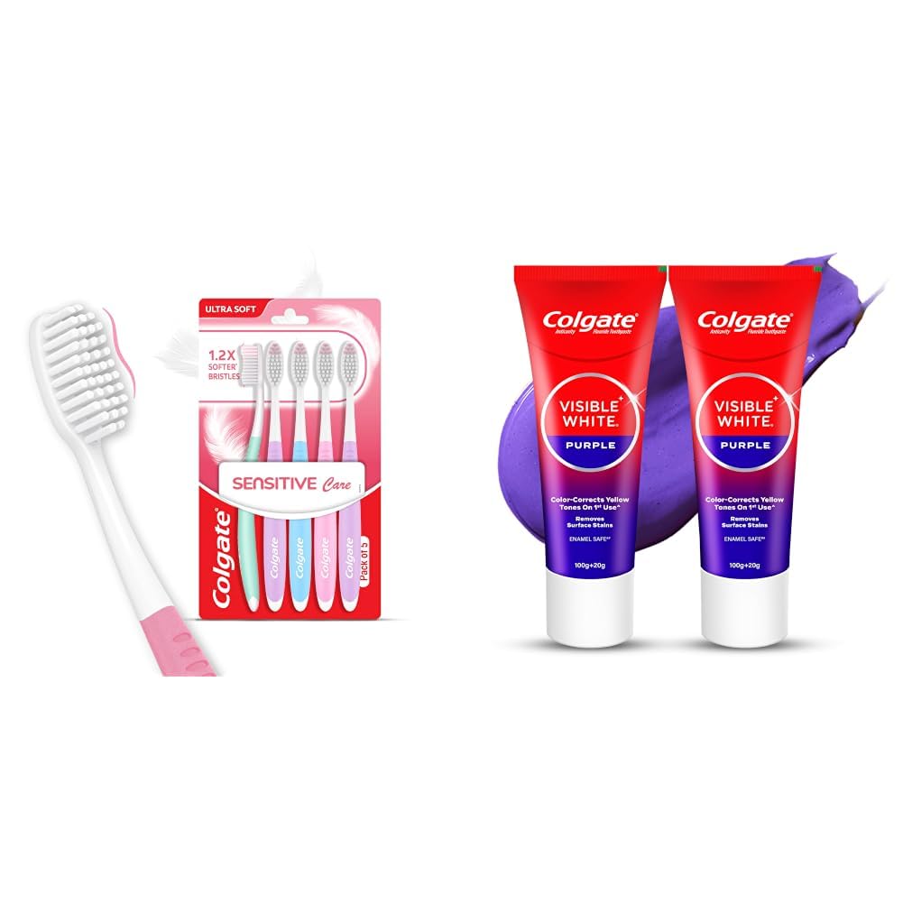 Colgate Sensitive Care Toothbrush Set of 5 | Ultra Soft for Sensitive Teeth & Visible White Purple Toothpaste for Teeth Whitening, Helps Remove Surface Stains,