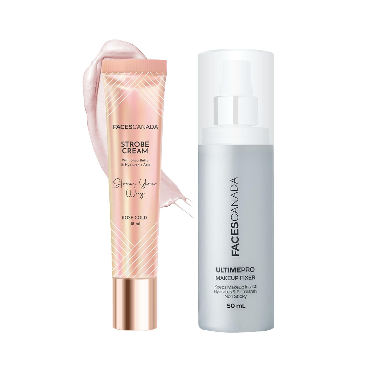 FACES CANADA All Day Glow Combo - Strobe Cream - Rose Gold (18ml) + Ultime Pro Makeup Fixer (50ml) | Illuminating & Glowing Makeup Base | Long Lasting Makeup Se