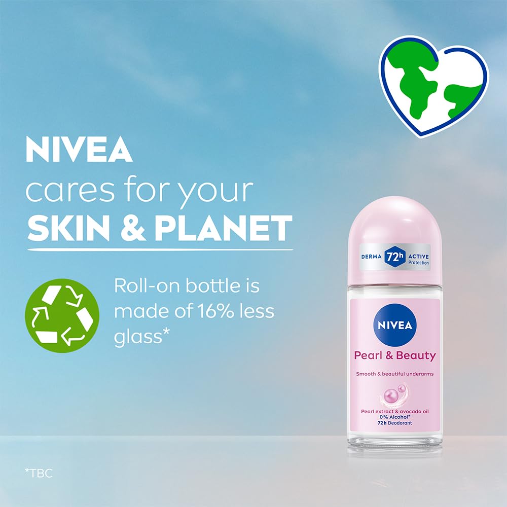NIVEA Pearl and Beauty 50ml Deo Underarm Roll On | With Pearl Extracts & Avocado Oil | 72 H Long Lasting Floral Scent | 0% Alcohol and Dermat Approved | For Wom