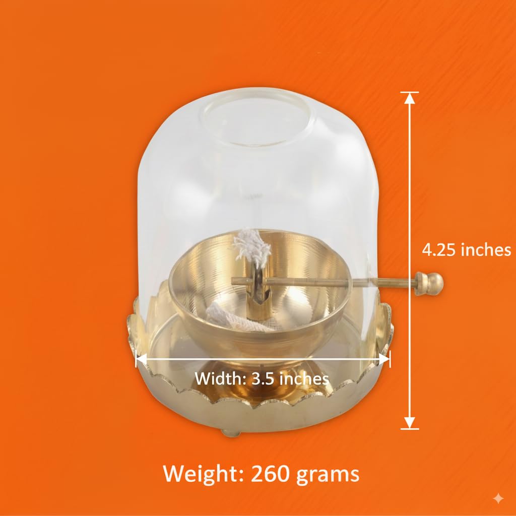 Sacch Akhand Brass Oil Diya with Glass Cover | Adjustable Wick Lamp for Pooja | 4.25 Inch Height, 260gms Wt, 40Ml Oil Capacity.
