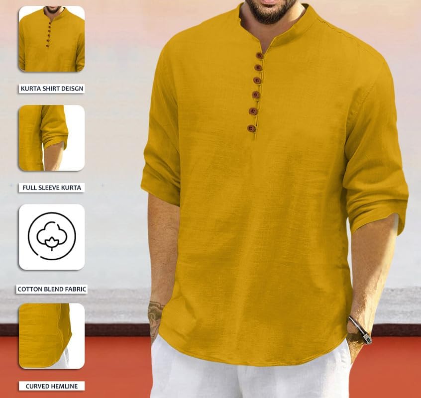 Men's Casual Cotton Blend Short Short Long Sleeve Mandarin Collar Kurta Shirt Elegant Kurta Shirt X-Large Gold