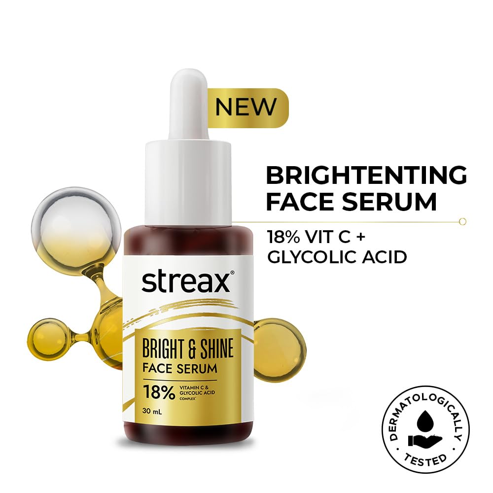 Streax Vitamin C Face Serum, 30 ml | 18% Vitamin C | Dark Spots Reduction | Brighter Skin in 3 Days | Serum for Glowing Skin | Brightening serum | Bright & Shin