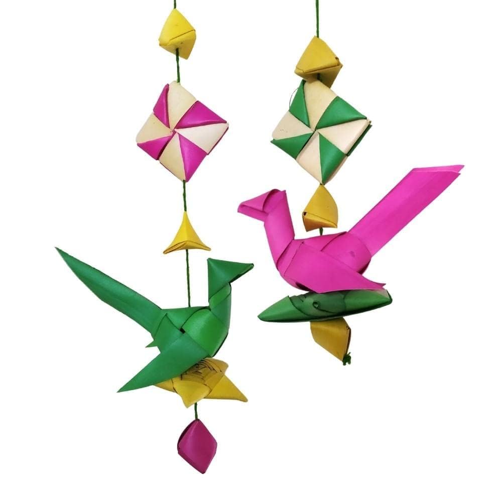 Handmade Palm Leaf Parrots Hangings, PalmLeaf Lotus Hangings, Eco-Friendly Organic Decorations for Main Entrance Pooja Room - (2 Pieces, 1feet Size), toran, Pal