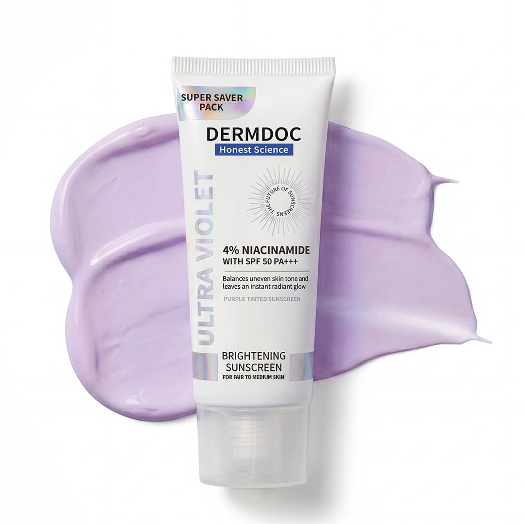 DERMDOC SPF 50 Ultra Violet Brightening Tinted Sunscreen with 4% Niacinamide, 100g | PA +++ | With Purple Tint | Evens Skin Tone | Lightweight | UVA & UVB Prote