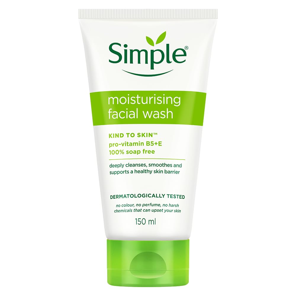 Unilever Simple Kind To Skin Moisturising Facial Wash, 150 ml | 100% Soap-Free Moisturising Facewash with Panthenol for dry, sensitive skin | Reduces Visual Dry