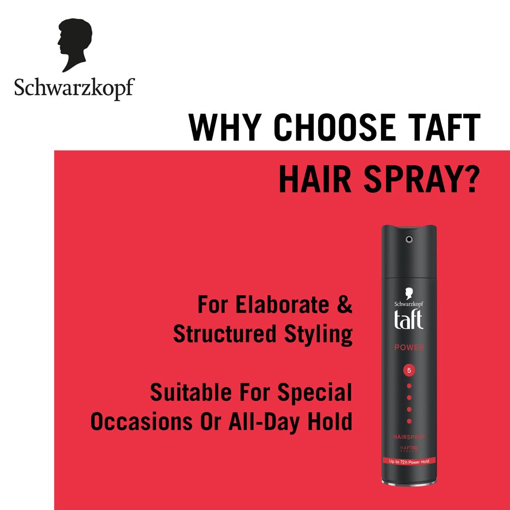 TAFT Schwarzkopf Power Hair Spray With Caffeine Formula For Strengthening Hair Hold 5, 72Hr Hold Protection From UV Rays, Wind And Humidity, No Stickiness, Easy