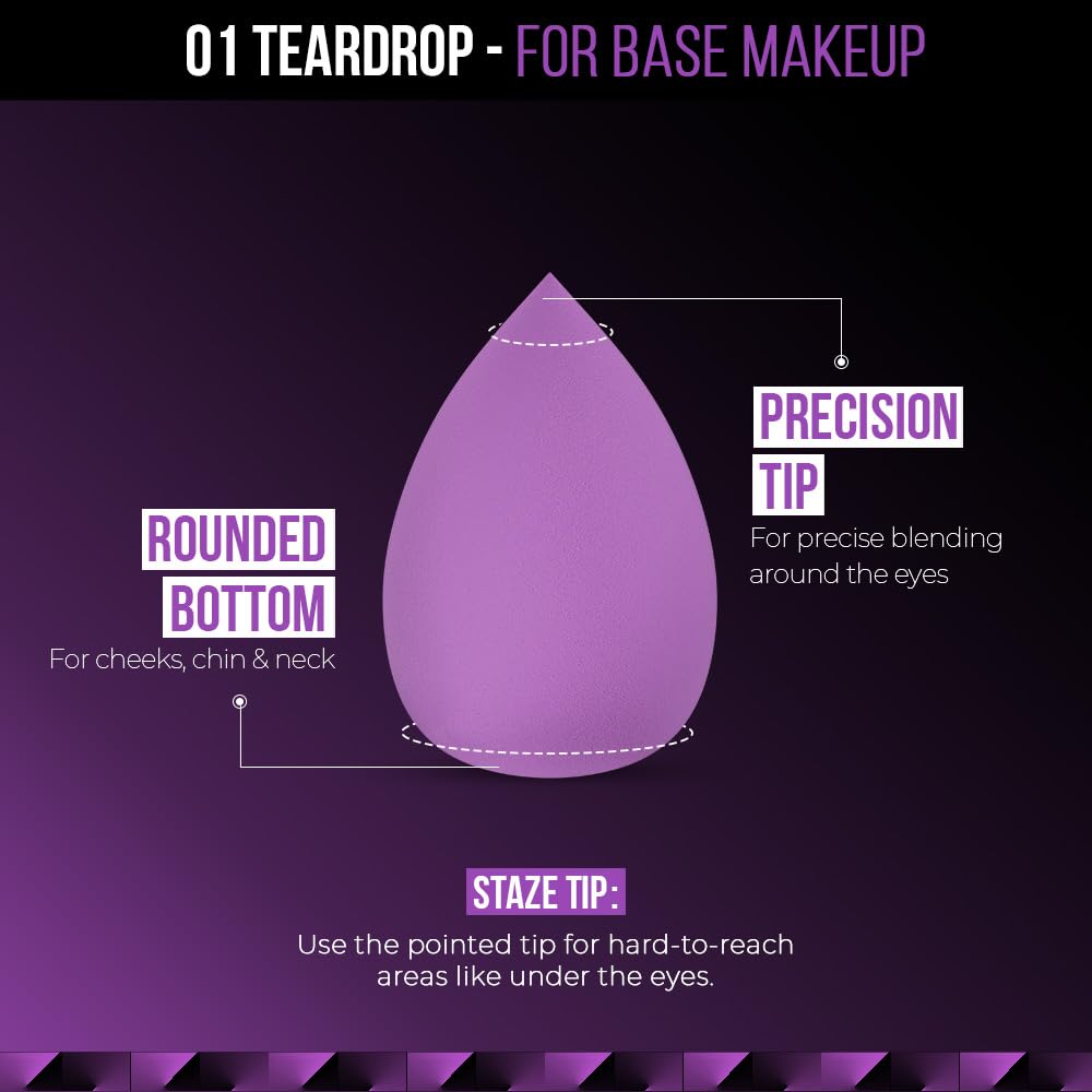 Staze 9to9 HD BlendPro Beauty Blender Velvety Soft + Multipurpose Makeup Sponge Reuable Blending Sponge For Loose powder and Foundation 01 Teardrop