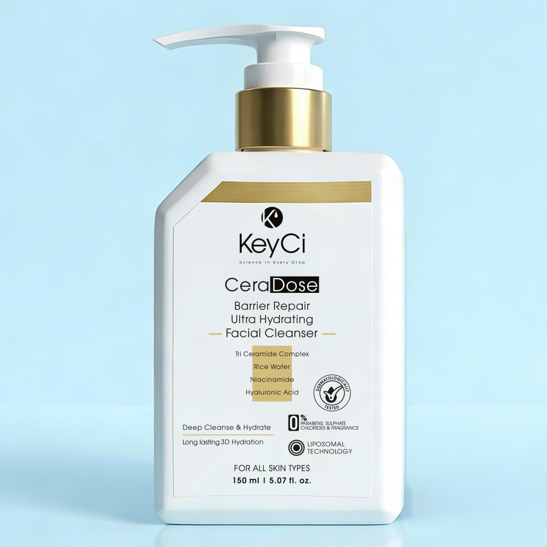 KeyCi CeraDose Barrier Repair Ultra Hydrating Cleanser | With 3 Ceramides, Niacinamide, Rice Water & Hyaluronic Acid | For Men & Women | Non-Foaming Face Wash f
