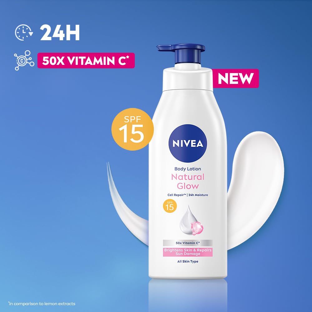NIVEA Natural Glow Cell Repair Body Lotion with SPF 15 And UV A & B Filters | 50X Vitamin C | 24H Hydration | Even Skin Tone in 7 Days | Brightens Skin and Repa