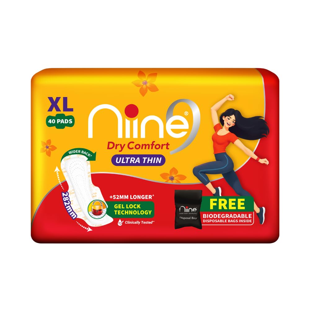 Niine Dry Comfort Ultra Thin XL Sanitary Pads for Women | 40 Pads, Pack of 1 | 282mm Long | Fast Absorption | Prevents Wetness & Leakage | Enjoy Leak-Free Perio
