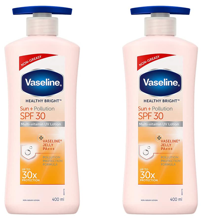 Vaseline Healthy Bright Sun Protection Body Lotion SPF 30 400 ml, Daily Moisturizer for Dry Skin, Gives Non-Greasy Glowing Skin - For Men & Women (Pack of 2) so