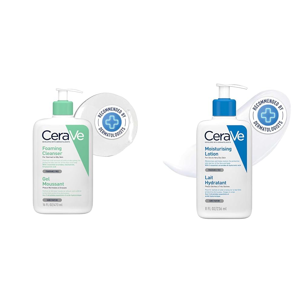 CeraVe Foaming Cleanser For Normal To Oily Skin (473ml) & Moisturizing Lotion For Dry Skin (236ml) - With Ceramides & Hyaluronic Acid, Non-Comedogenic & Fragran
