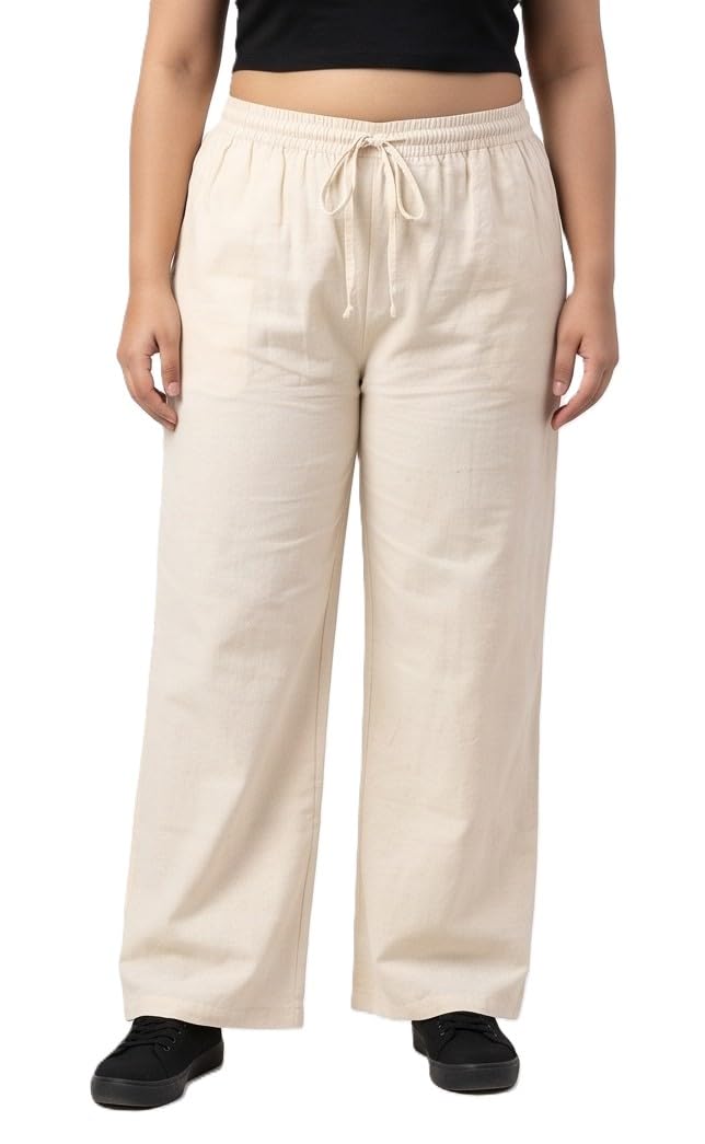 Trusha Dresses Women's Pure Cotton Khadi Feel Wide Leg Palazzo Pant | Elastic Waist Drawstring | Solid Off White | Soft Breathable Casual Ethnic Bottom Wear 2XL