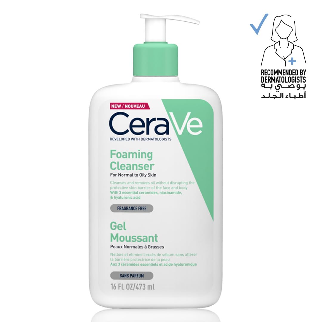 CeraVe Foaming Cleanser For Normal To Oily Skin (473ml) - Dermatologist-Developed Facewash | Non-Comedogenic And Fragrance-Free Cleansers For Acne-Prone Skin (P