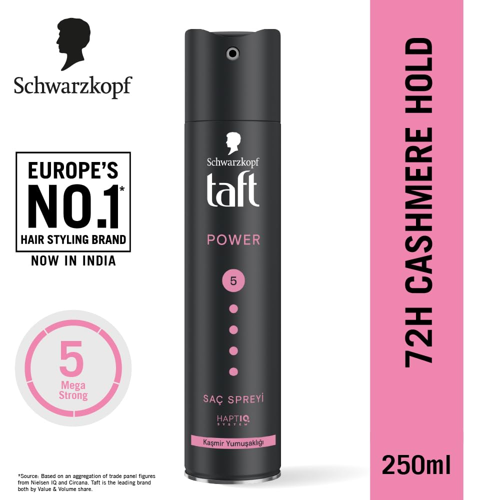 Schwarzkopf TAFT Power Hold 5 Hair Spray for Heat Protection, Cashmere like Softness for Dry, Damaged Hair | No Stickiness | Easy To Brush Out | For Salon Like