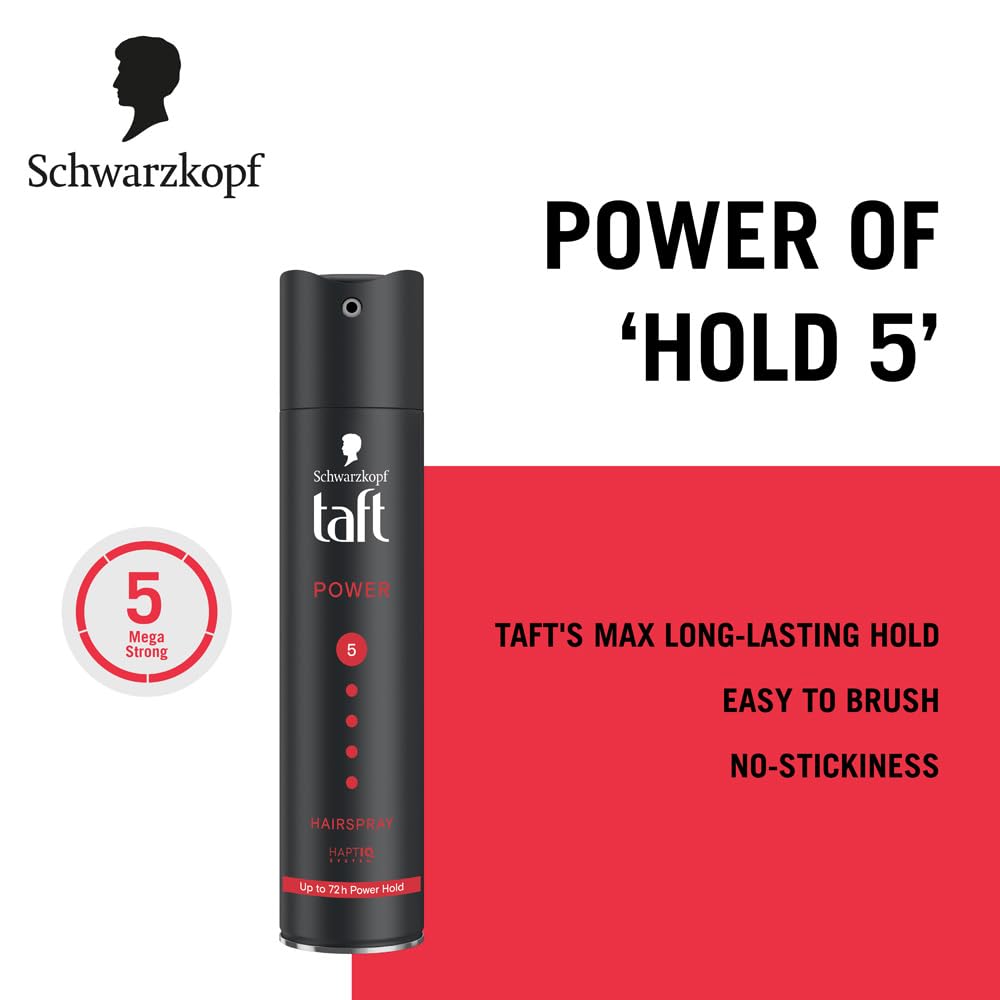 TAFT Schwarzkopf Power Hair Spray With Caffeine Formula For Strengthening Hair Hold 5, 72Hr Hold Protection From UV Rays, Wind And Humidity, No Stickiness, Easy