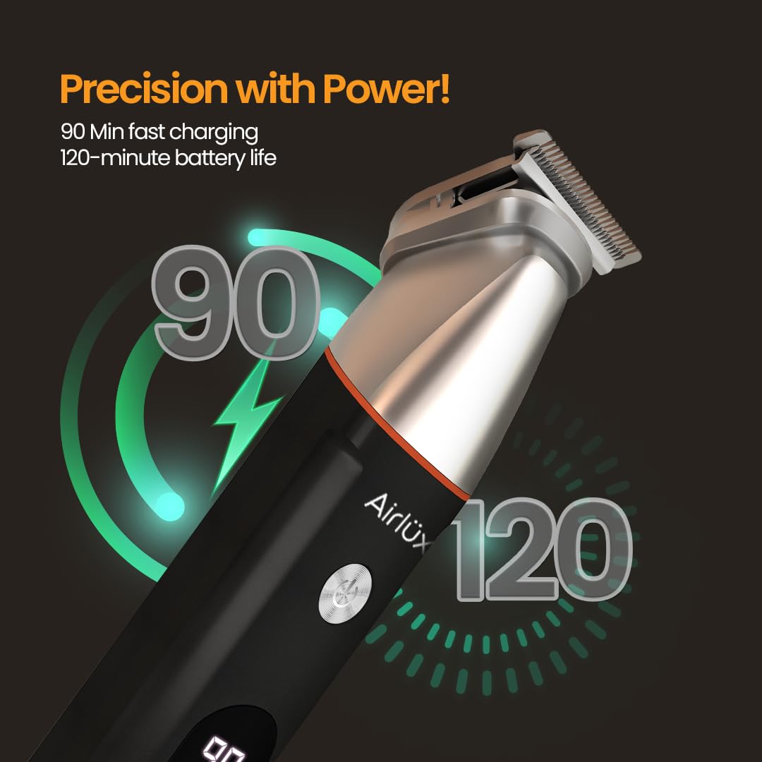 Airluxe GroomMaster 12-in-1 Body Trimmer for Men | Full Body Grooming Kit with Precision, Body, Nose & Ear Trimmer, Foil Shaver | IPX7 | LED Display | 90 Min Ru