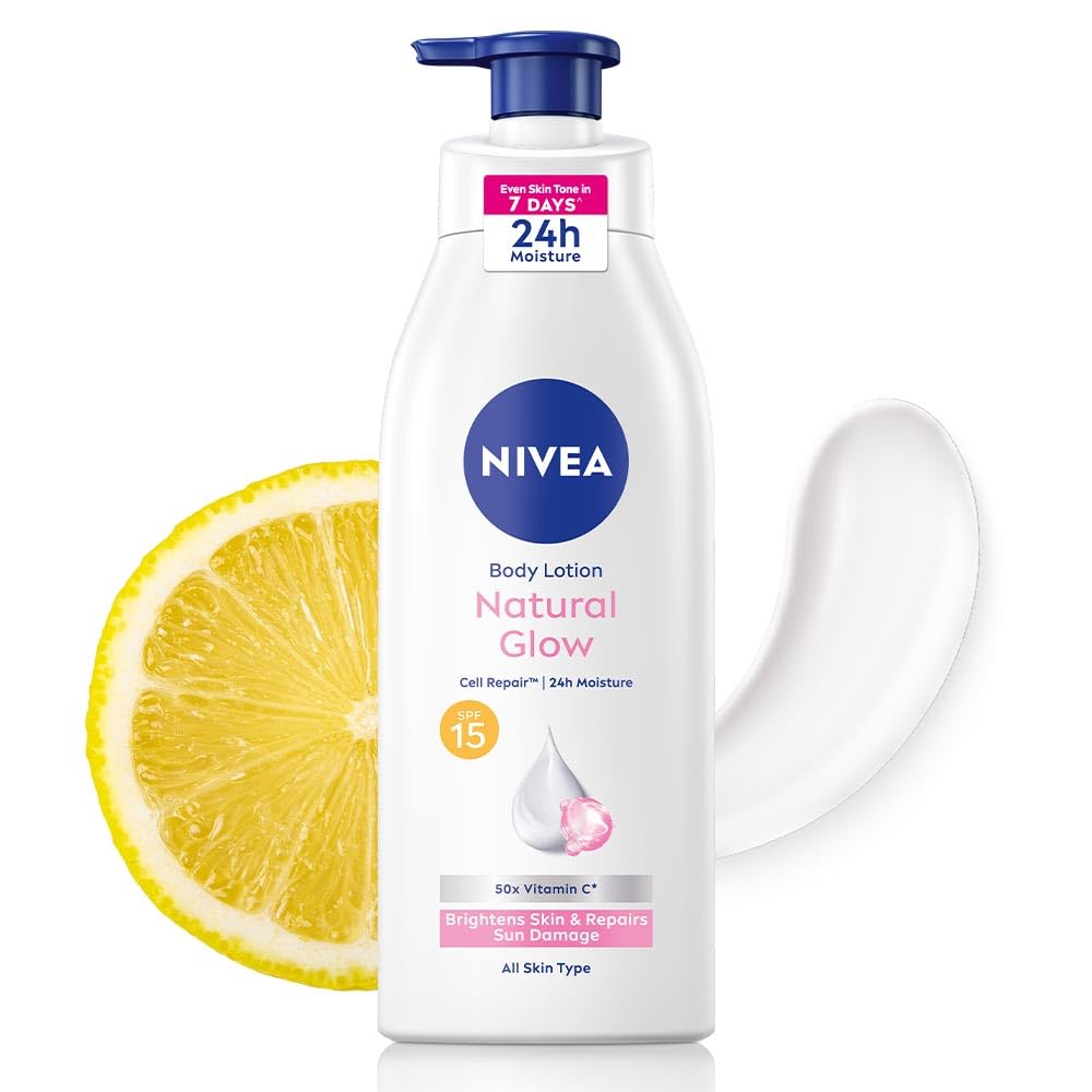 NIVEA Natural Glow Cell Repair Body Lotion with SPF 15 And UV A & B Filters | 50X Vitamin C | 24H Hydration | Even Skin Tone in 7 Days | Brightens Skin and Repa