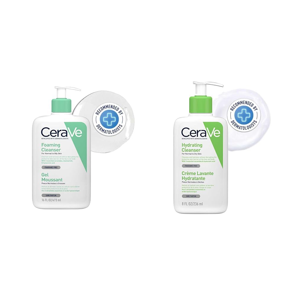 CeraVe Foaming Cleanser For Oily Skin (473ml) & Hydrating Cleanser For Dry Skin (236ml) - With Hyaluronic Acid & Ceramides, Non-Comedogenic & Fragrance-Free