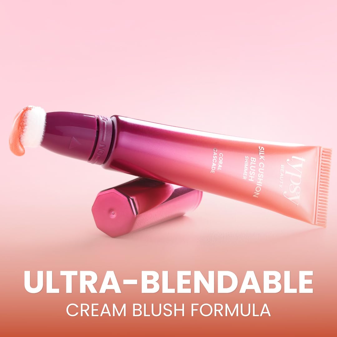 Typsy Beauty Liquid Blusher Coral Cascade | Silk Cushion Wand with Hyaluronic Acid & Vitamin E | Lightweight Buildable Face Makeup Blush & Highlighter | Cushion Tip | 15ml