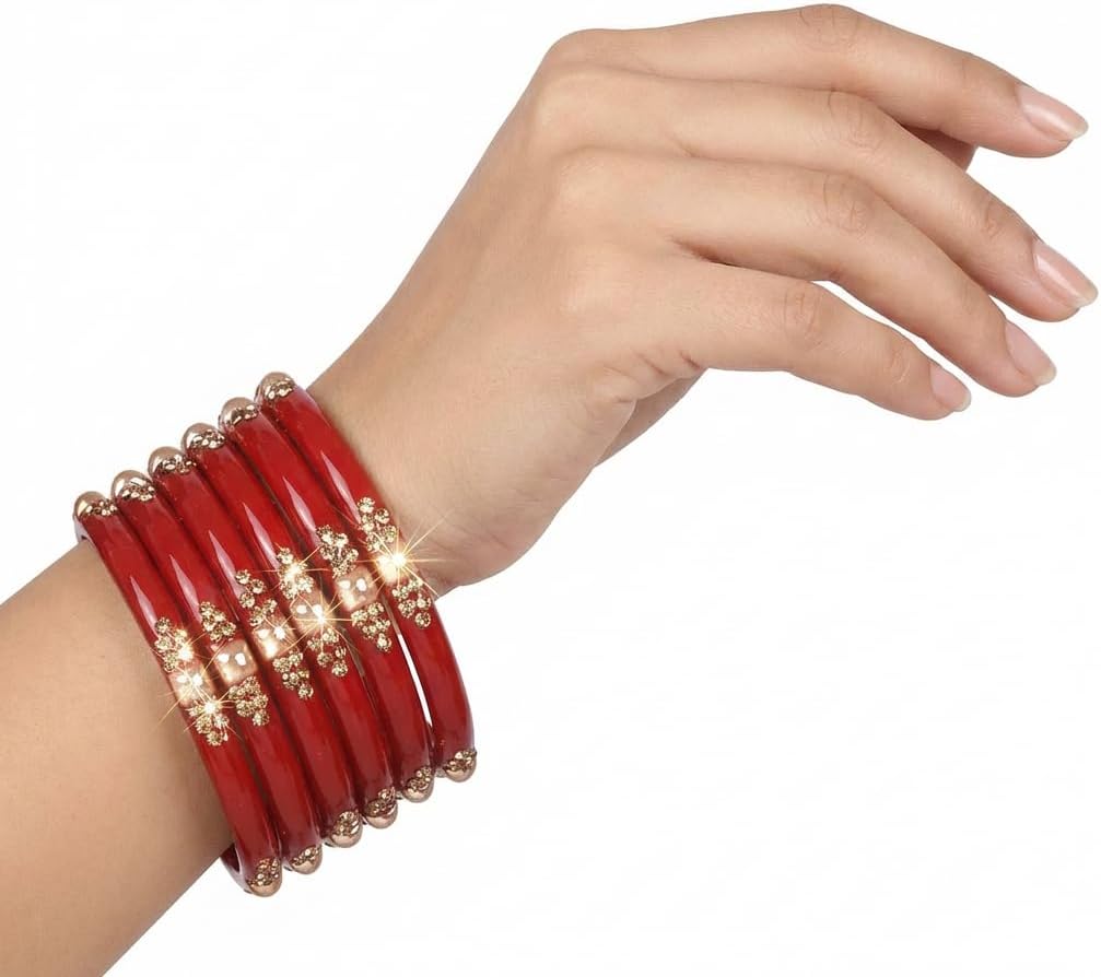 Glass with Zircon Gemstone & Beads Studded worked Glossy Finished Kada Set For Women and Girls | Set of 8 Red 2.6 Inches