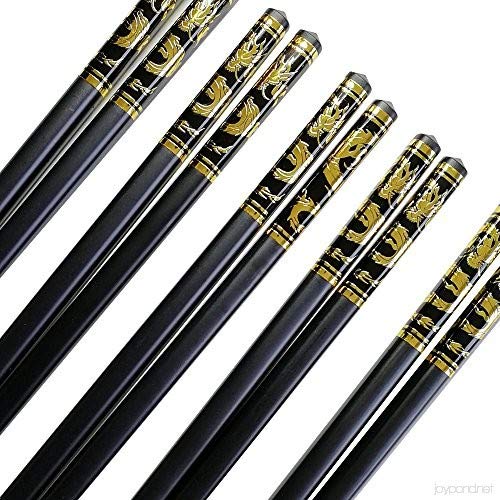 Sakoraware 5 Pairs/10 pcs Reusable Fiberglass Chinese Japanese Chopstick Dragon Black Print Designer, Dishwasher Safe, Round, 9.5 Inch